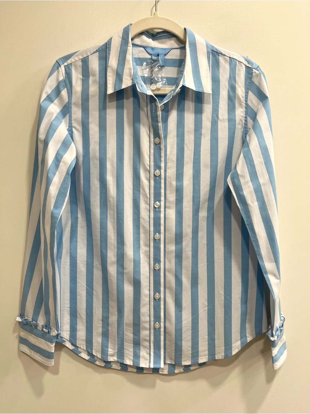 Draper James Button Down Top In Awning Stripe Blue White Ruffles Cotton Stretch